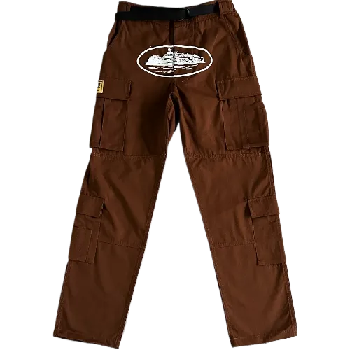 corteiz pants cargo brown - white logo 